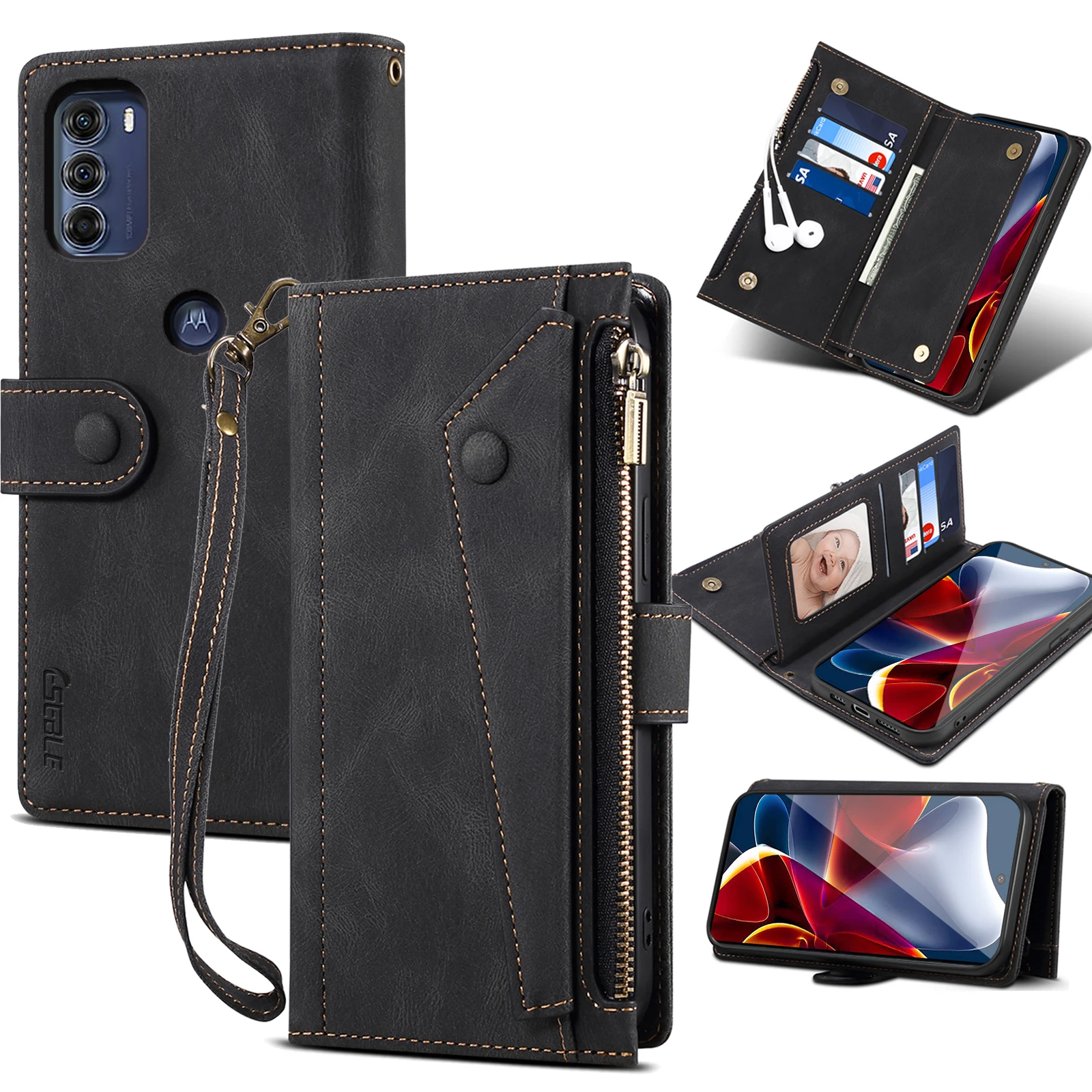 

Wallet Flip Leather Case For Motorola Moto Edge S30 Mobile Phone Case For Moto Edge X30 Rope Luxury Zipper Cover