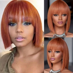 Ginger Short Bob Human Hair Straight Wigs Full Machine Made Remy Wigs Natural Color with Bangs for Women Light Orange Human Hair