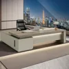 Modern Wood L-Shape Executive Desk with Storage, Home Office Desk with Wood Sled Base, LED and Cable Management 1