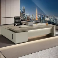 Modern Wood L-Shape Executive Desk with Storage, Home Office Desk with Wood Sled Base, LED and Cable Management 1