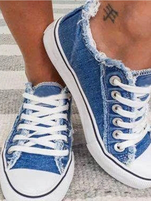 and Autumn Single Shoes Korean Denim Canvas Shoes Low Top Lace Casual Large Women's Shoes Flat Soled Student Shoes