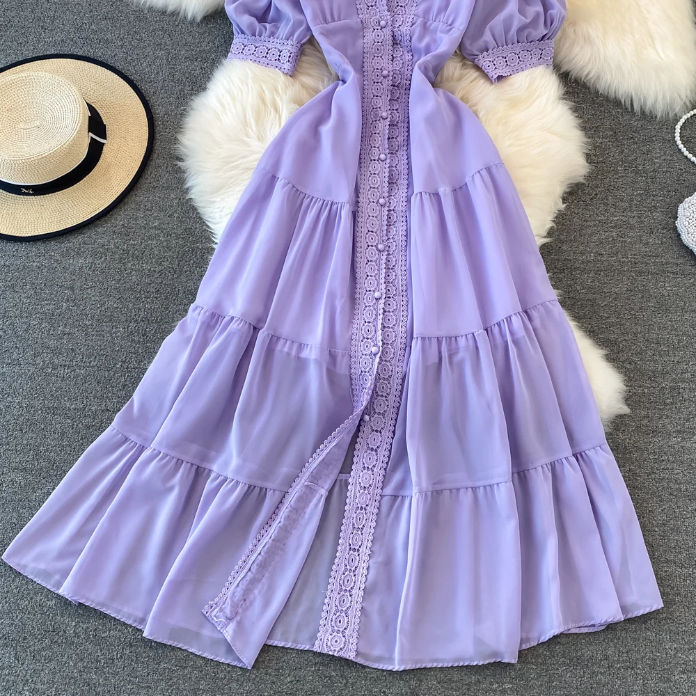 New Women Vintage Party Dress Summer Puff Sleeve Sexy V Neck Lace Single-breasted Long Dresses Ladies A Line Elegant Long Robe