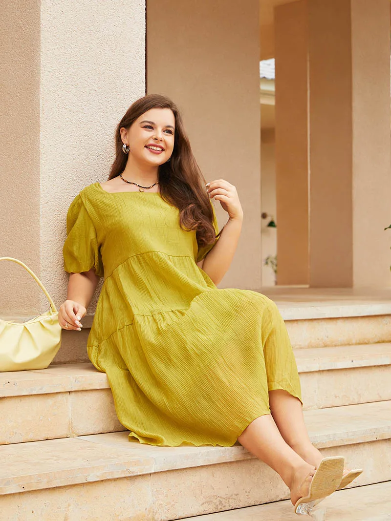 Ruffle Plus Size Elegant Women Summer Dresses Vintage Midi Long Evening Dresses Puff Sleeve Yellow Big Size Dress For Women 2023