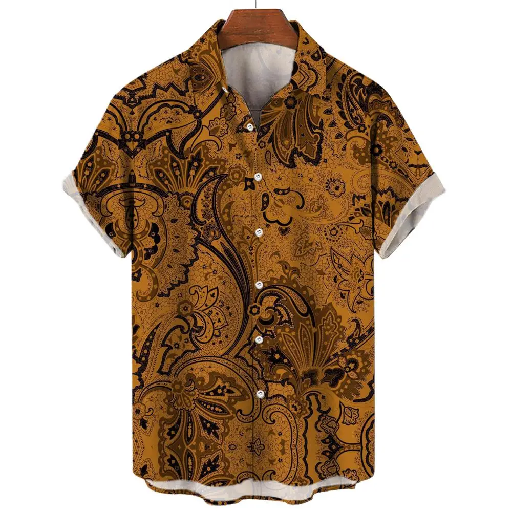 

Рубашка мужская с 3D-принтом, винтажная уличная одежда, гавайская блузка на пуговицах, с коротким рукавом и лацканами, в этническом стиле, лето
