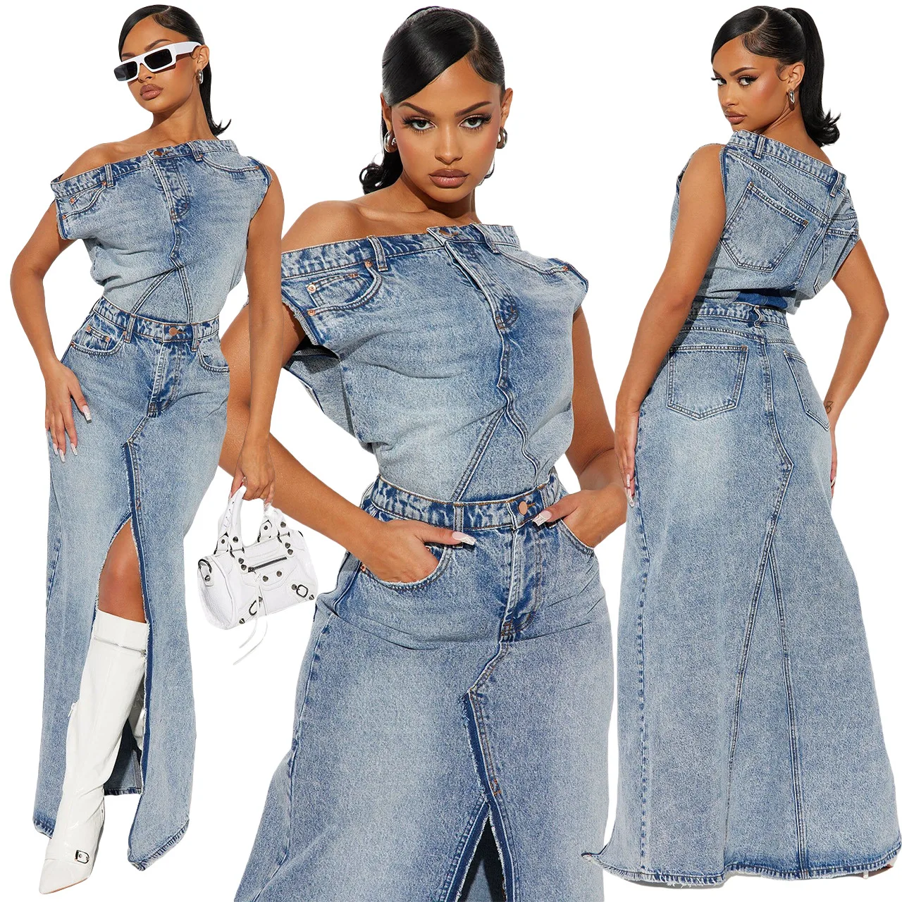 

Vintage Denim 2 Piece Skirt Set Women Elegant Clothes Y2K Jean Dress Sexy Crop Tops Autumn Two Piece Skirt Set Streetwear Outfit