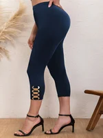 Elegant plus Size Capri Pants Chic Metal Chain Detail High-Elasticity Casual Solid Mid-Calf Trousers for Women - Image 6
