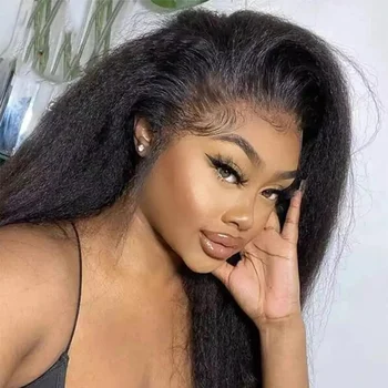 Kinky Straight 13x4 Lace Front Human Hair Wigs For Women Brazilian Bone Colored Yaki Straight Transparent Lace Frontal Curly Wig 1