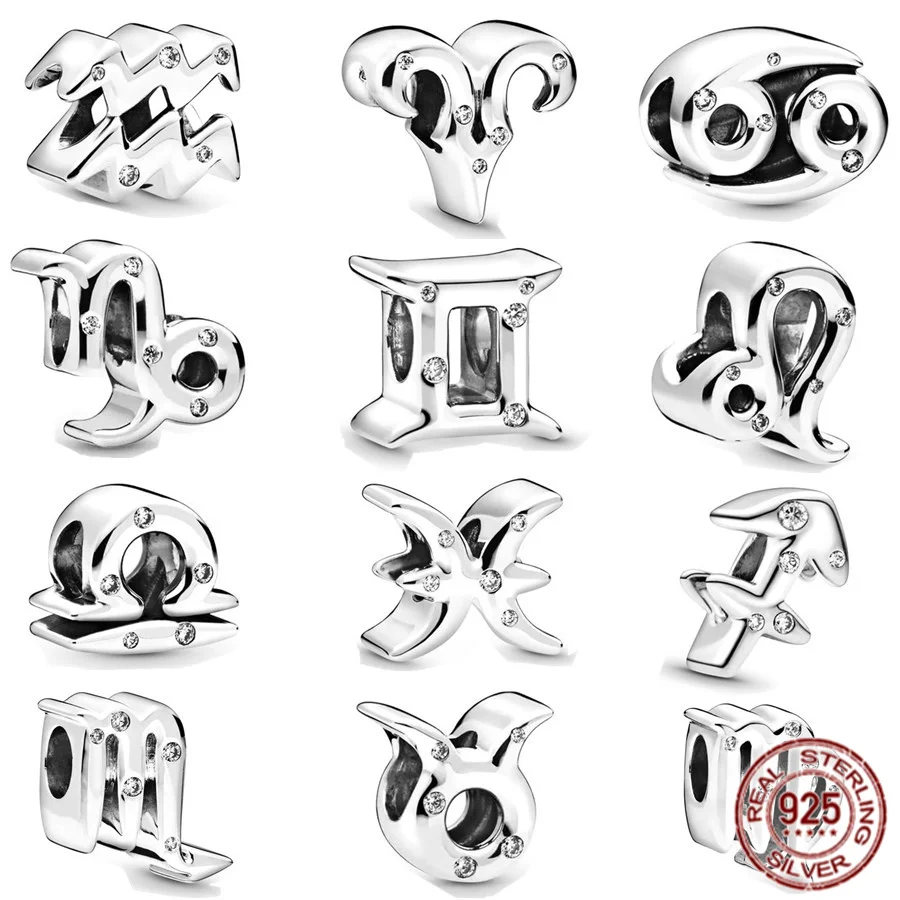 

925 Sterling Silver Sparkling Polished Twelve Zodiac Signs Charm Bead Women Gift Fit Original Pandora Bracelet DIY Jewelry
