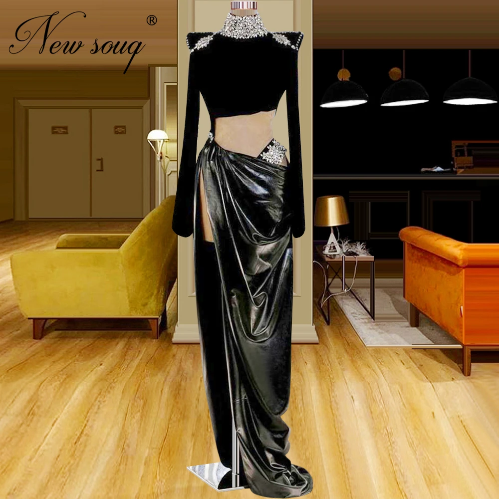

New Fashion Black Velour Prom Dresses Middle East Long Sleeves Celebrity Dress High Split Side Beading Evening Dresses Customize