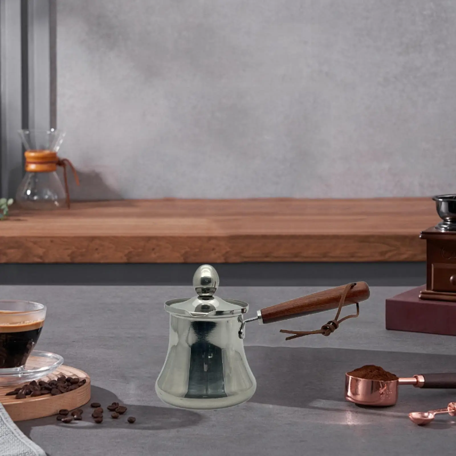 Turkish Coffee Pot Melting Pot with Lid with Wooden Handle with Spout Stovetop