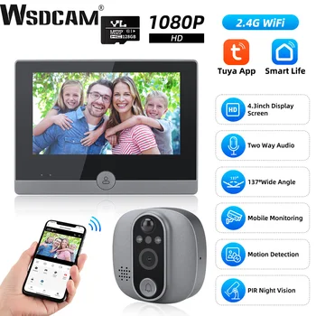 Wsdcam 와이파이 4.3 인치 LCD 구멍 카메라, 야간 투시경 문짝 벨, 스마트 PIR 녹화 구멍 초인종, 137 ° 광각