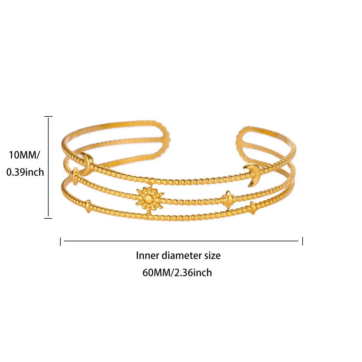 Multi-layered Stars Moon Sun Bangle For Women Gold Color Stainless Steel Bangle