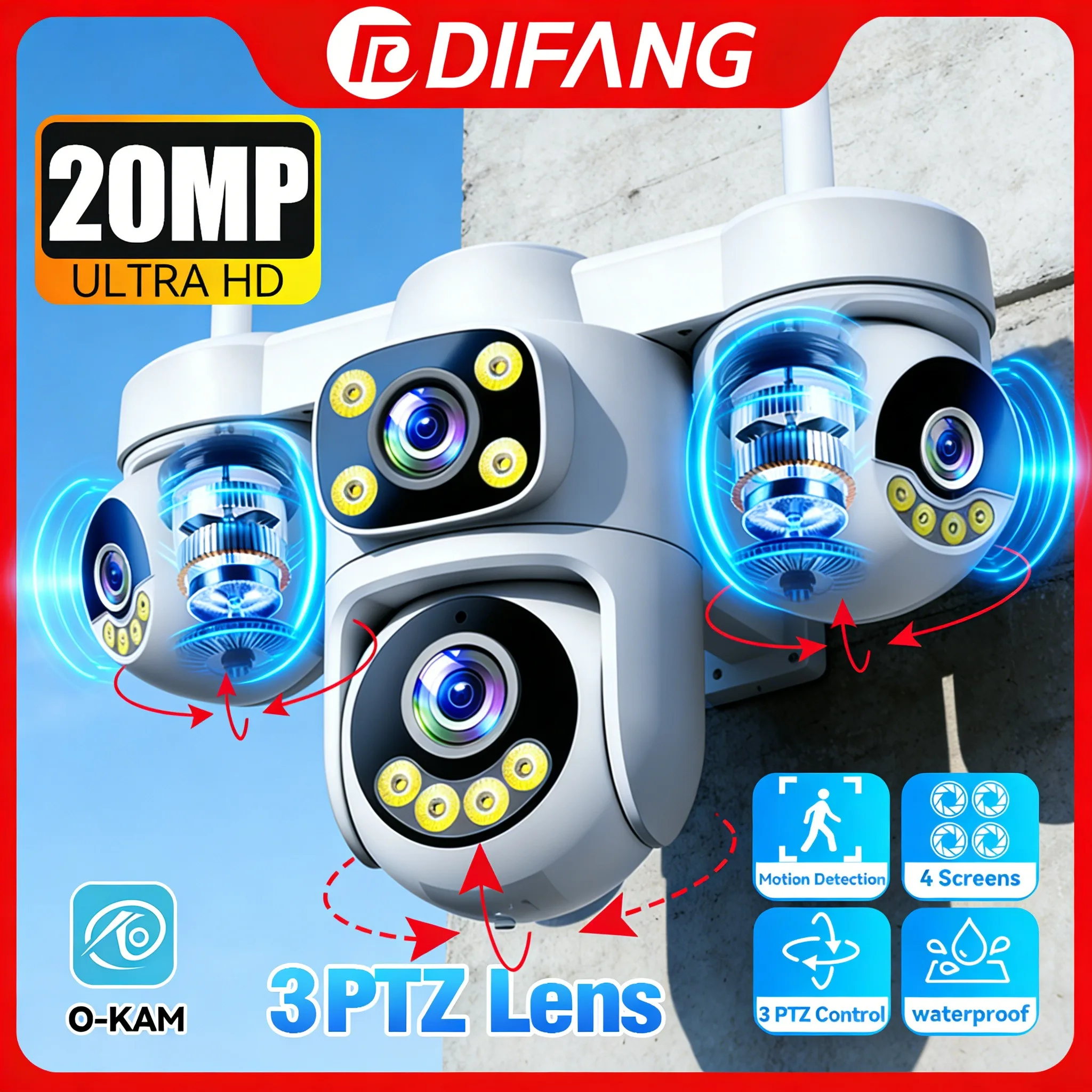 DIFANG New 20MP WiFi Home Surveillance Camera 4 Lens 4 Screen 6 Motor 3 PTZ 5X Zoom Wireless Security Outdoor IP CCTV O-Kam Pro 1