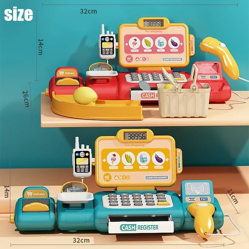 36-63pcs Pretend Play Calculator Cash Register Toy Supermarket Shop Cashier Registers with Scanner Shopping Toys Gifts for Kids 6