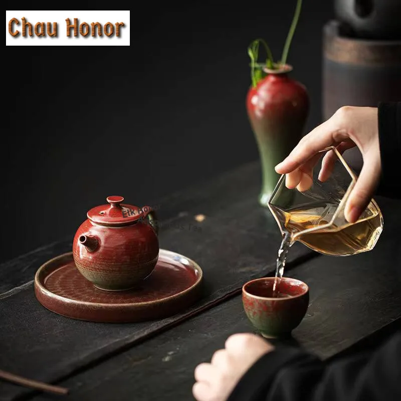 Creative Garnet Red Ceramic Pot Bearing Plate Hammer Pattern Dry Bubble Tray Teapot Holder Tea Table Fruit Plate Kung Fu Teaset