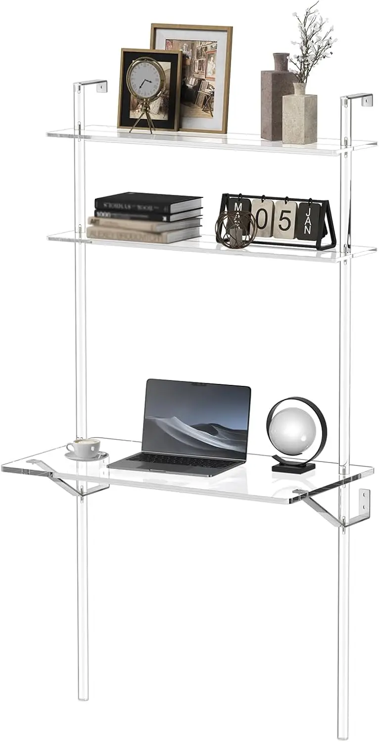 

HMYHUM Acrylic Wall Mount Desk, Clear Ladder Desk with Open Shelves, Floating Desk for Laptop, Computer, Study, Writing