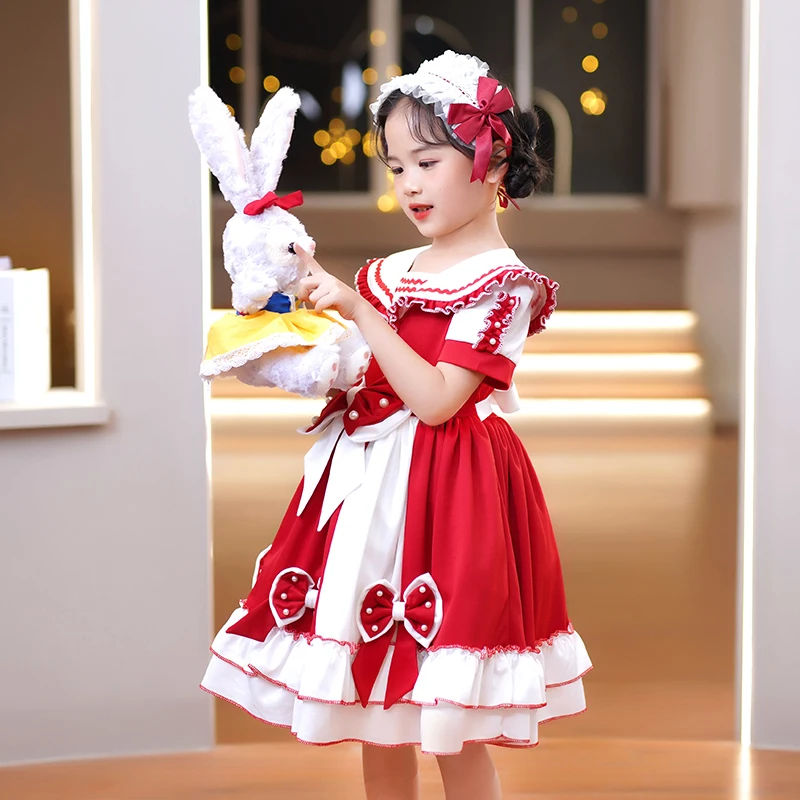 Classic Lolita Costume Cosplay Baby Girl Korean Style Dress With Bow Kawaii For Kids Short Sleeve Elegant Patchwork Hit Color