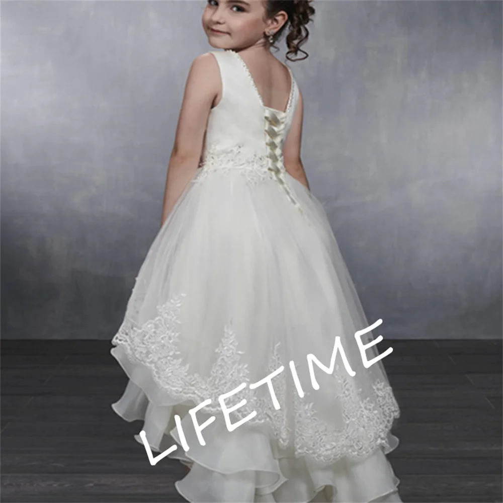 

White Ivory Flower Girl Dresses for Weddings Tulle Princess Gown Lace Half Sleeve Holy First Communion Dresses for Girls