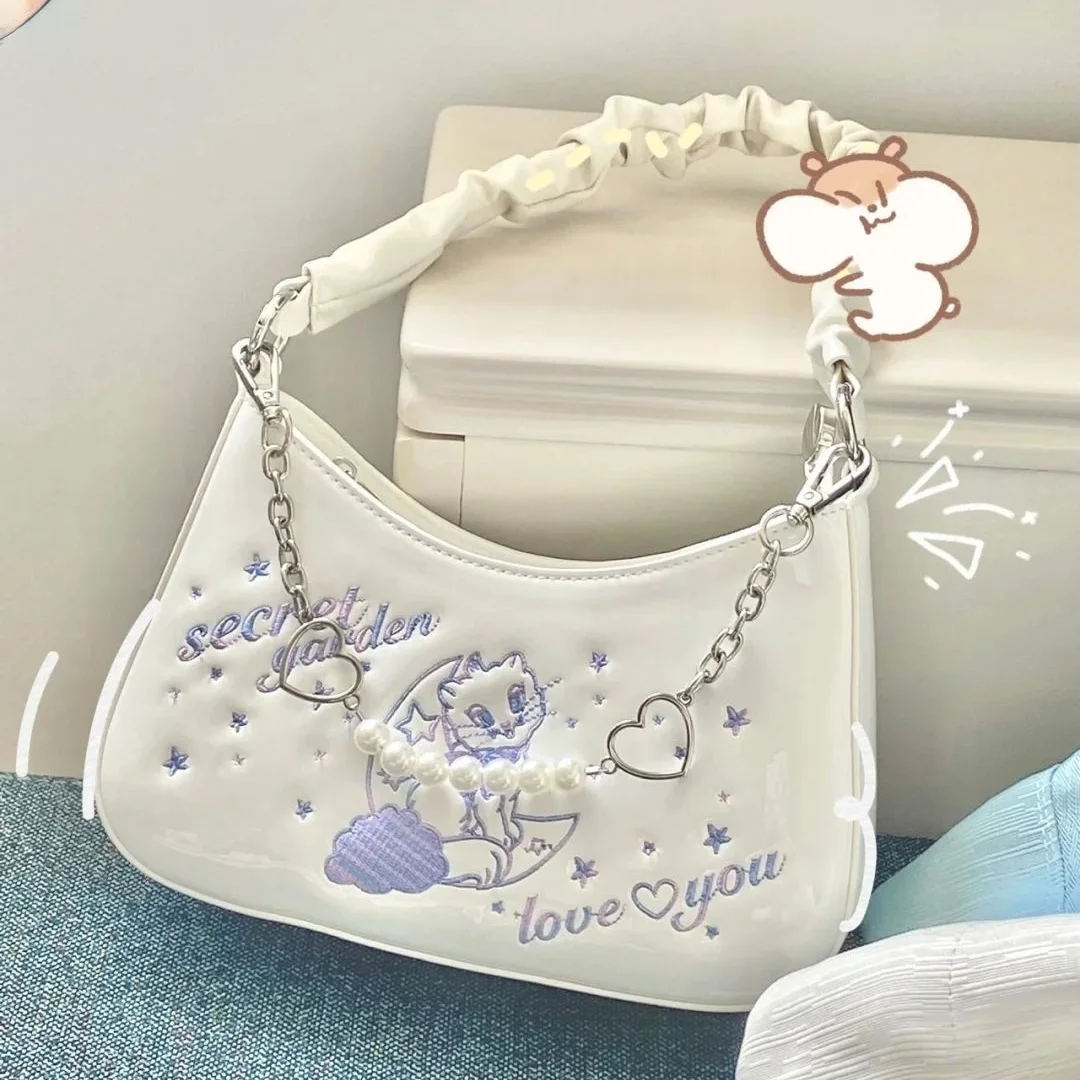 Xiuya Harajuku Cute Shoulder Bag Women Japanese Kawaii Secret Garden Female Bag Sweet Pearl Pleated Handle Womens Handbag 2022