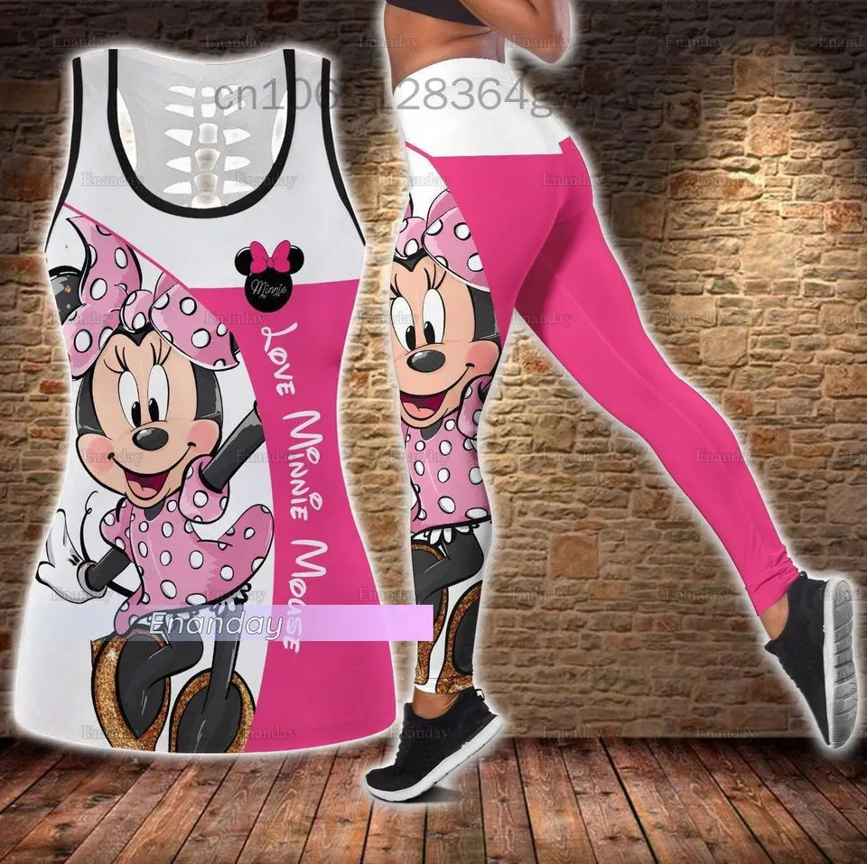 Nowe damskie legginsy z wyciętymi tanktopami z myszką Minnie zestaw do jogi letnie legginsy Fitness dresowe Disney z wycięciem bez rękawów