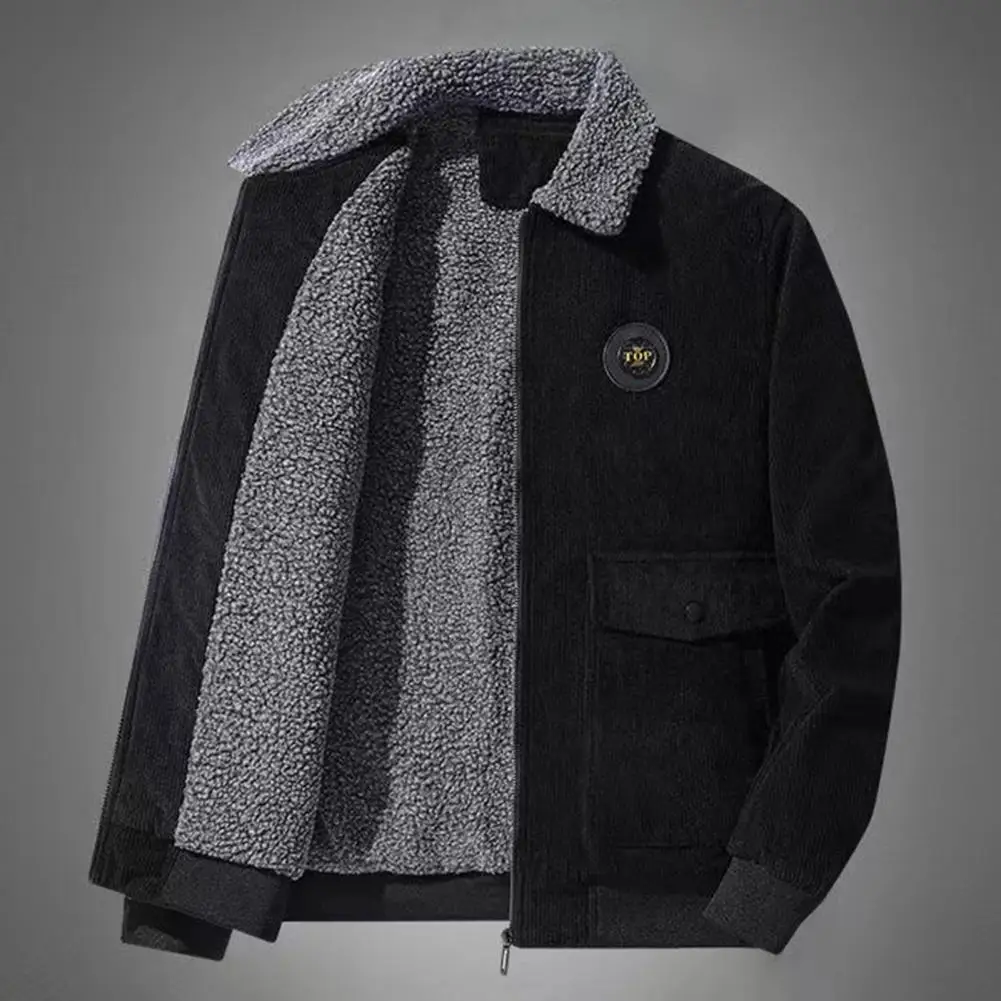 

Men Corduroy Coat Stylish Men's Corduroy Jacket with Lapel Flap Pockets Fleece Lining Autumn Winter Zipper Placket Coats
