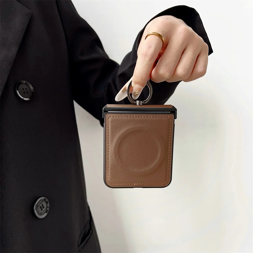 Enhanced Leather Magnetic Ring Holder Phone Case with Stand - Shockproof Cover for Samsung Z Flip Series