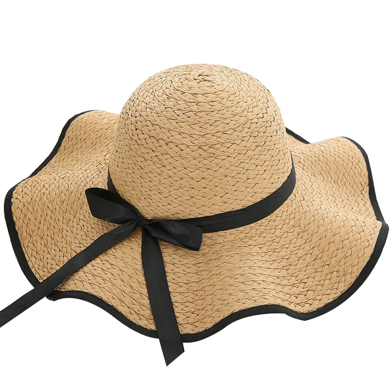 New Fashion Wide Brim Straw Hat for Women Long Ribbon Ladies Beach Hats Fashion Dress Up Children Summer Sun Visor Caps