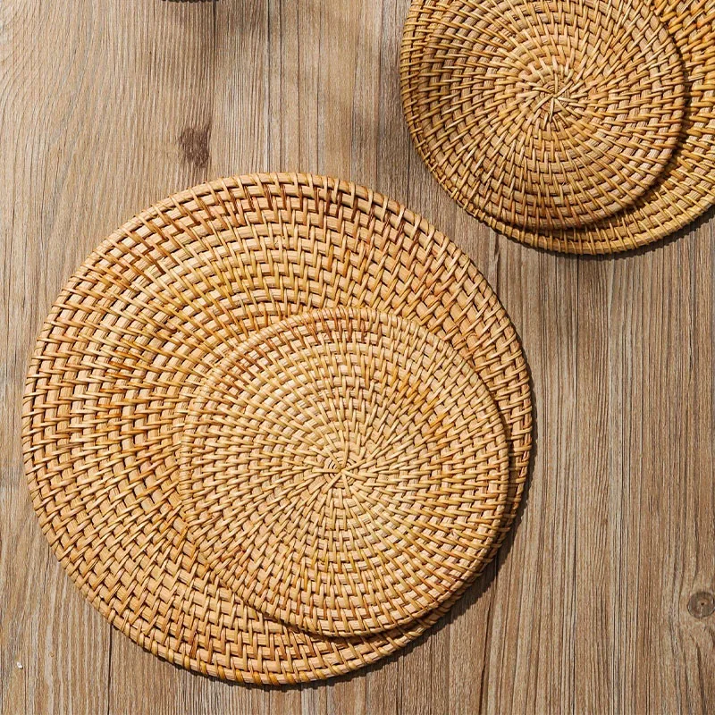 AOBT 10-20cm 냄비받침 매트 수공예 라탄 플레이스매트 원형 단열 매트 천연 직조 테이블 매트 식사용 가정용 웨딩 데코레이션