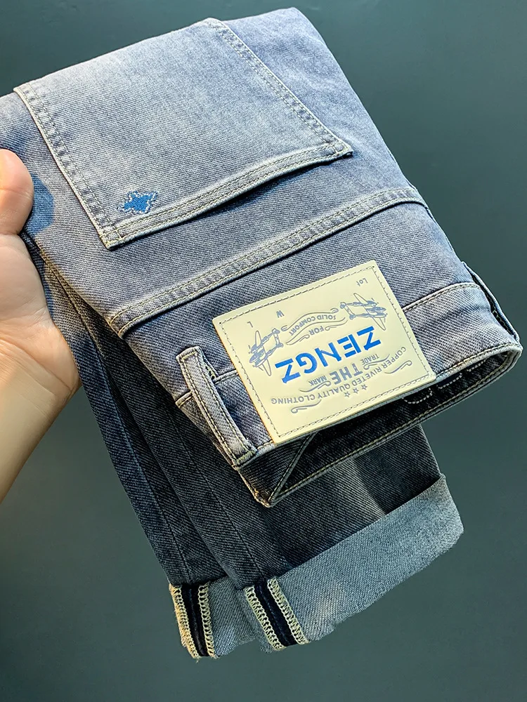 Spring Trend High-End Jeans Blue Simple Embroidered Loose Trousers Korean Style Harem Slim Fit Stretchy Straight-Leg Pants