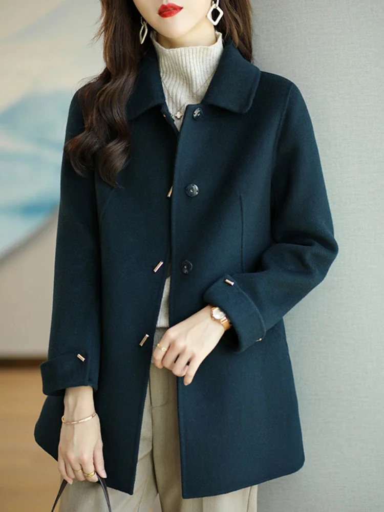 

Women Coat Woolen Jacket Slim Fit Office Lady Square Collar Single Breasted Autumn Winter Topcoat Wide-waisted Warmth Fashion