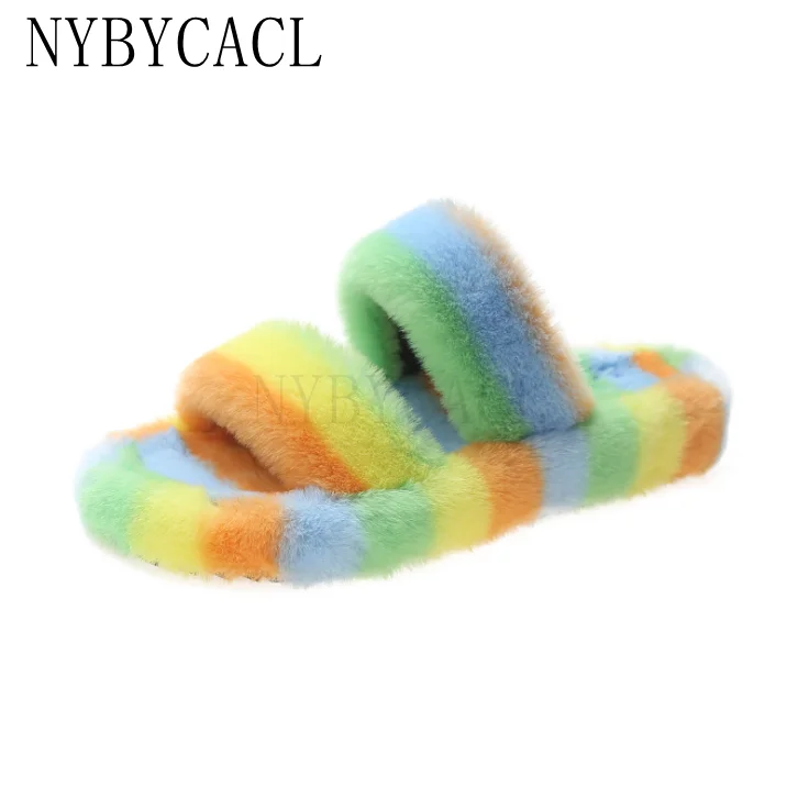

2022 Fashion Shoe Woman Furry Slipper Sandals Flip Flops Fur Slides Fluffy House Indoor Big Size Summer Double One Flat Shoes