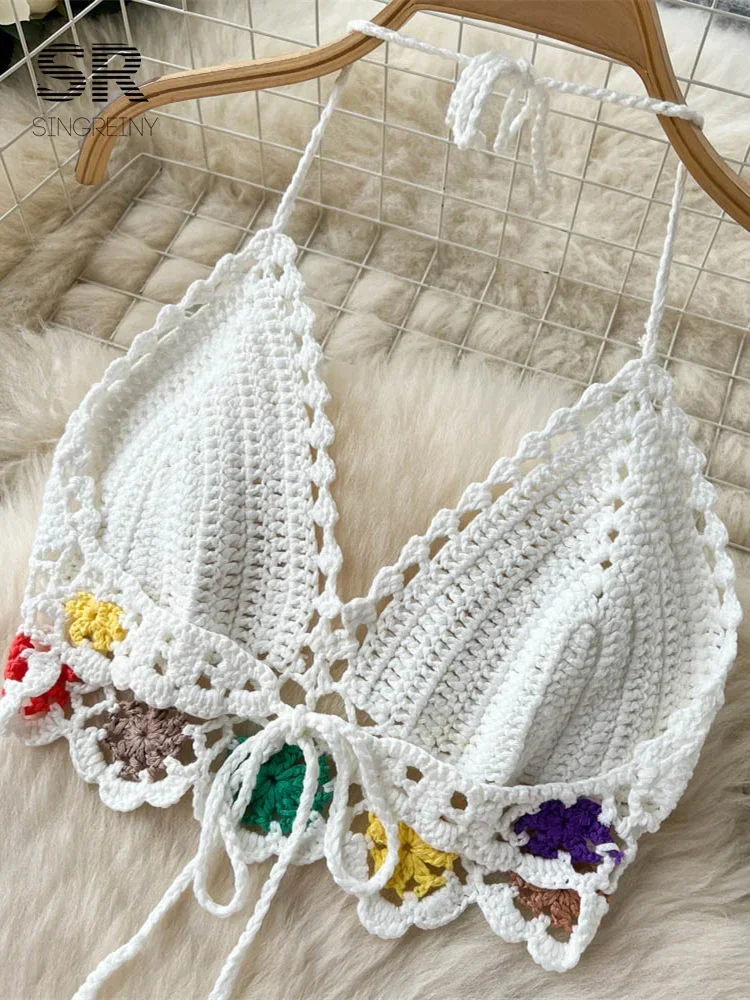2024 New Bohemian Two Piece Knitted Sets Summer Hook Hollow Out Camisole Floral Irregular Tassel Skirt Sexy Beach Style Suits
