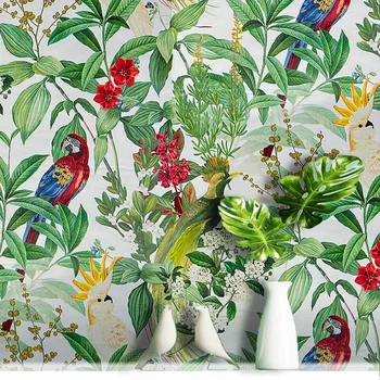 วอลเปเปอร์ติดผนังลายต้นไม้เขตร้อน ดอกไม้สีเขียว วัสดุตกแต่งบ้าน วัสดุก่อสร้าง สติ๊กเกอร์ติดผนังสำหรับตกแต่งพื้นหลังทีวี 1