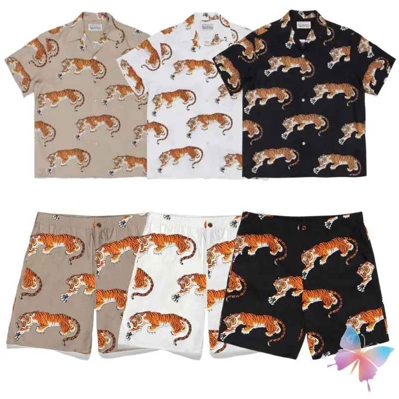 

Комплект гавайской рубашки в стиле хип-хоп с короткими рукавами, высококачественные повседневные свободные шорты с карманами и принтом тигра, мужские и женские Рубашки, Топы