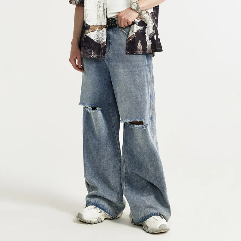 High Quality Men Ripped Jeans Vintage Blue Wide Leg Denim Pants Side Button Patchwork Hip Hop Spring Streetwear Baggy Trouser