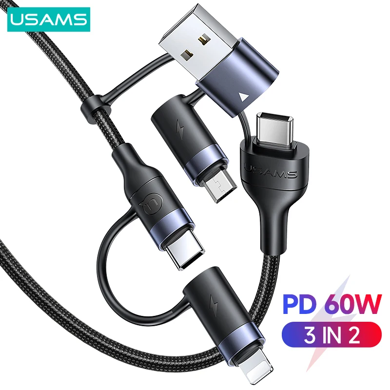 Кабель USB 3 в 1 USAMS 2 м 60 Вт а с разъемом Lightning Type-C для iPhone Huawei Xiaomi Samsung PD QC кабель