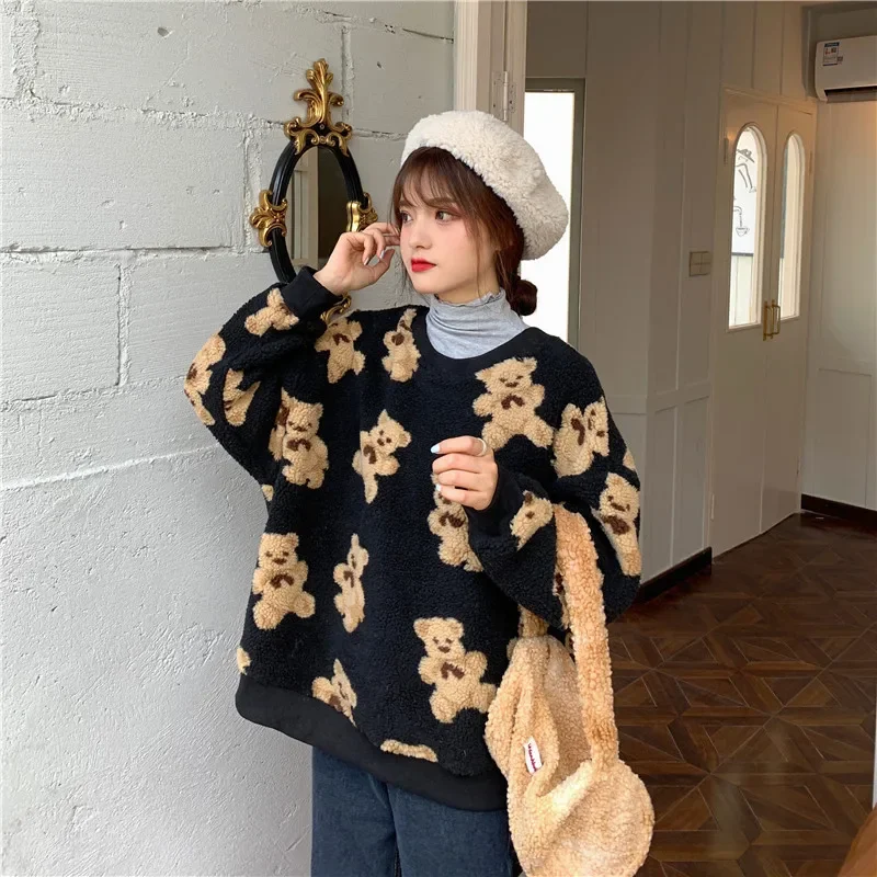 Tops Korean Winter Sweatshirts Lamb Hair Kawaii Cartoon Bear Print Long Sleeve O Neck Thick Warm Harajuku Ladies Fashion Hoodie