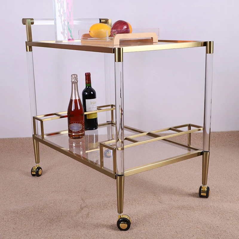 Metal Brass Fancy Luxury Clear Acrylic Food Cart Stainless Steel Modern Design Handcrafted Acrylic Serving Trolley