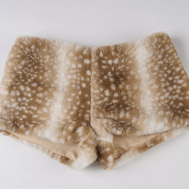 2025 Fall Winter Deer Pattern Print Furry Shorts Women Fashion Low Waist Faux Fur Night Clubwear Casual Streetwear Bottoms