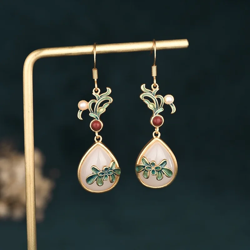 

Vintage Style Drop earrings Copper Gold-Plated Enamel Color Earrings Inlaid Drop-Shaped Hetian Jade Earrings Women China Jewelry