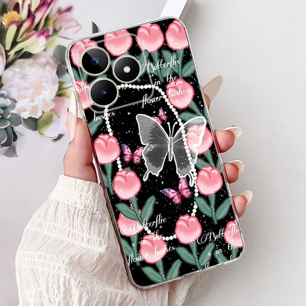 Clear Cute Cat & Butterfly Design Phone Case with Flower Accents - Stylish Protective Back Cover
