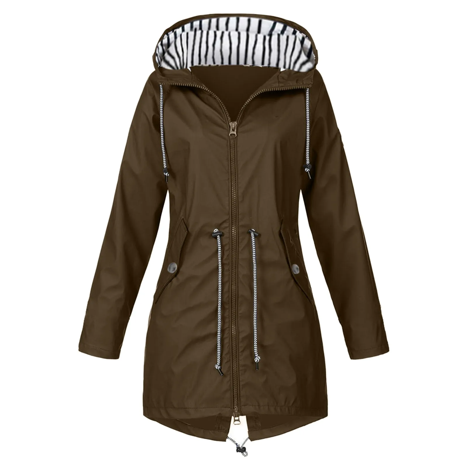 Womens Waterproof Raincoat Casual Fashion Basic Outdoors Trench Classic Zipper Long Windbreaker Outdoor Climbing Hooded Tops