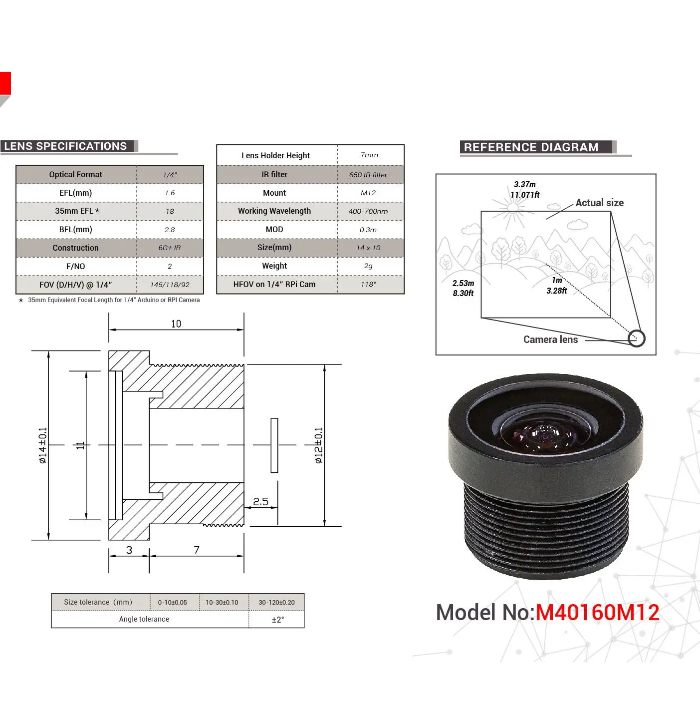 Arducam 1/4 ġ M12 Ʈ, 1.6mm  Ÿ , M40160M12