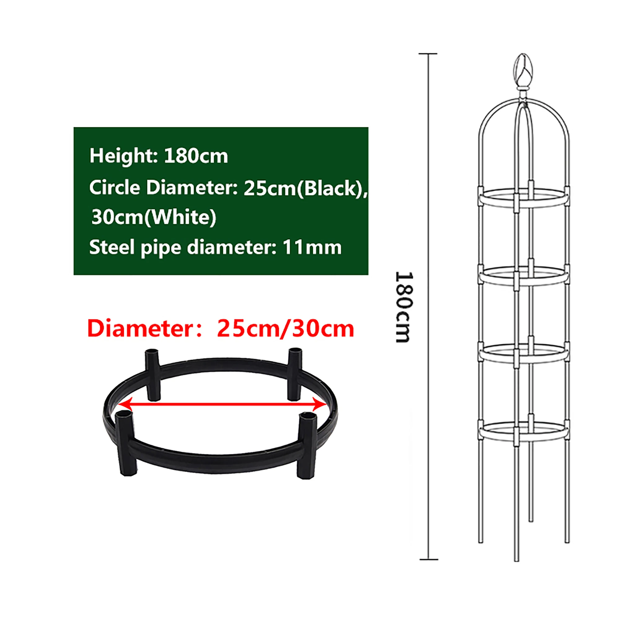 Traliccio A Torre Obelisco Per Piante Rampicanti - Supporto In Metallo Con Rivestimento Plastico, Regolabile, 20x60 Cm, Colore Nero