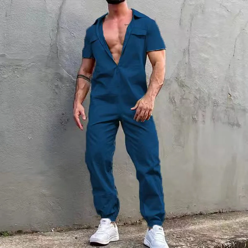 Summer New Solid Color Fashion Short Sleeve Men's Sets High Street Casual Y2K Zipper Street Personality Youth All-match Jumpsuit