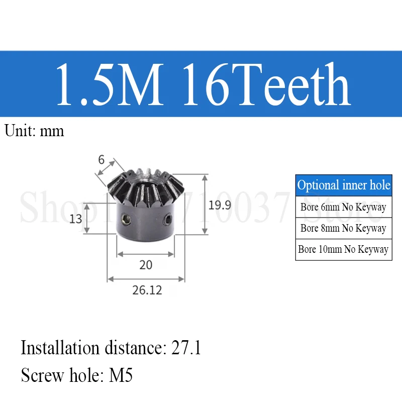 1:1 Bevel Gear 1.5M 16/20/25/30 Teeth 45# Steel 90 Degree Meshing Angle Steel Gear Screw Hole M5 Bore 6/8/10/12/14/15/16mm 1PC