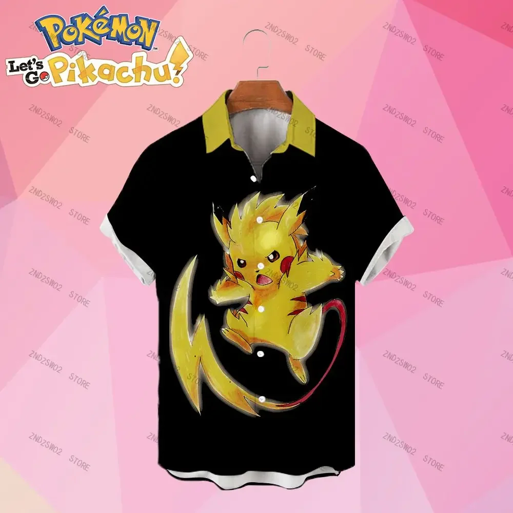 Pok&eacute;mon Men's Shirts Pikachu Couples Dress Summer Cartoon Short Sleeve Anime New Women's Blouse HD Print Social Shirt Fashion