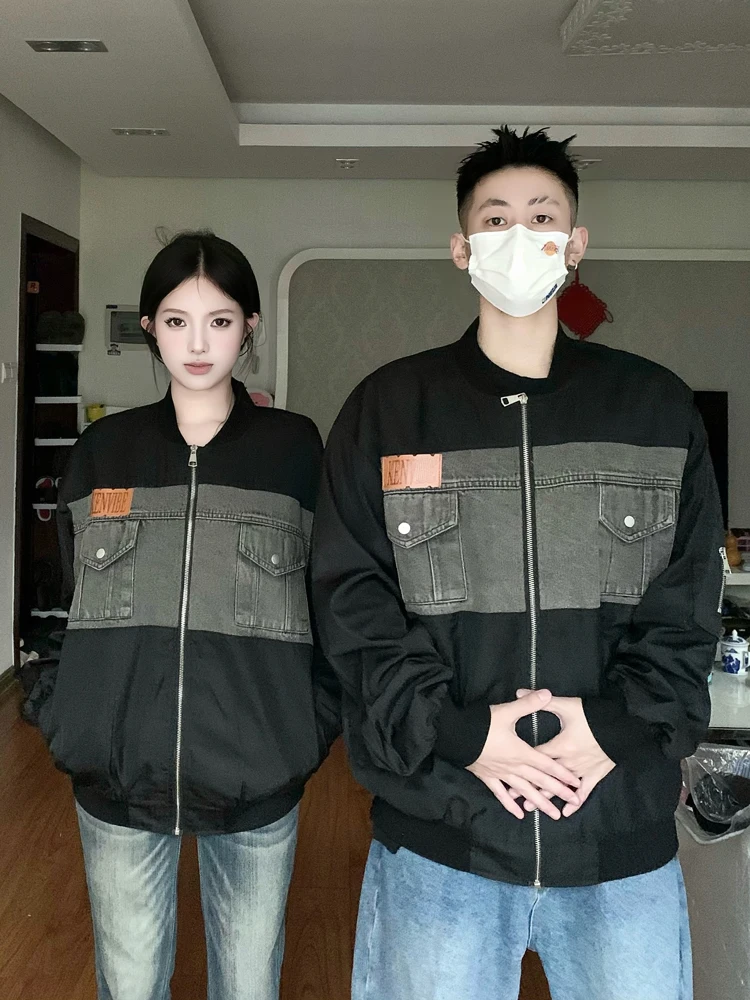 미국 스타일 루즈핏 야구 점퍼 남성용 봄 가을 데님 패치워크 젊은 커플 아우터 긴팔 지퍼