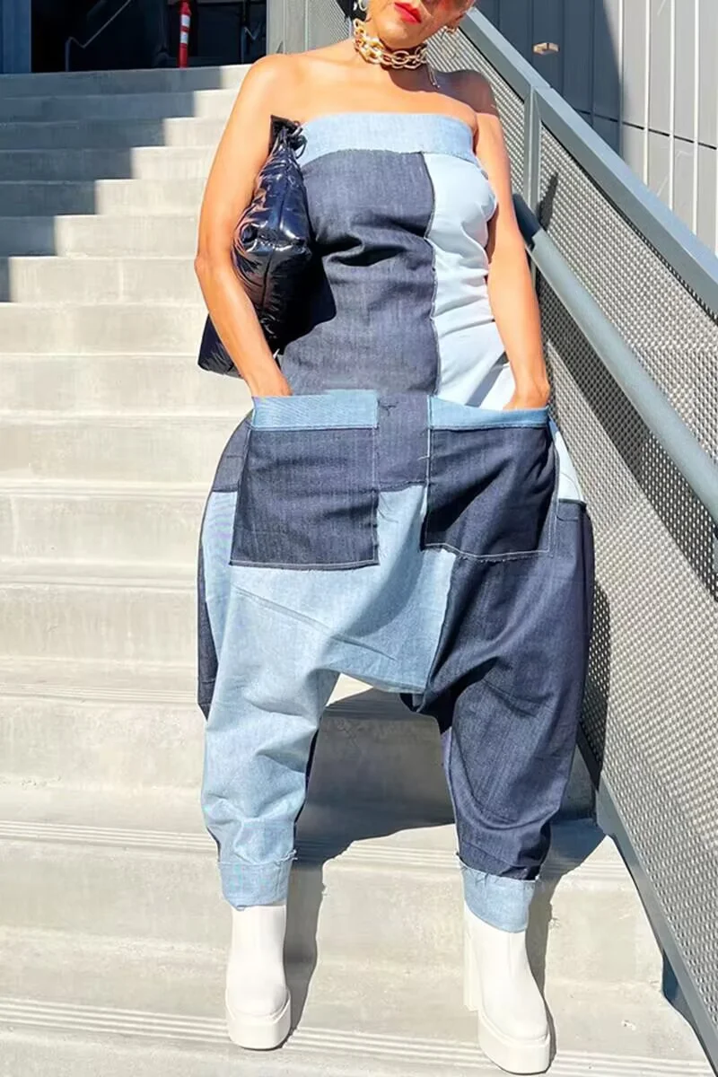 

KEXU Women Pocket Off Shoulder Denim Patchwork Haren Jumpsuit Casual Streetwear Hip Hop One Piece Suit Overall Playsuits