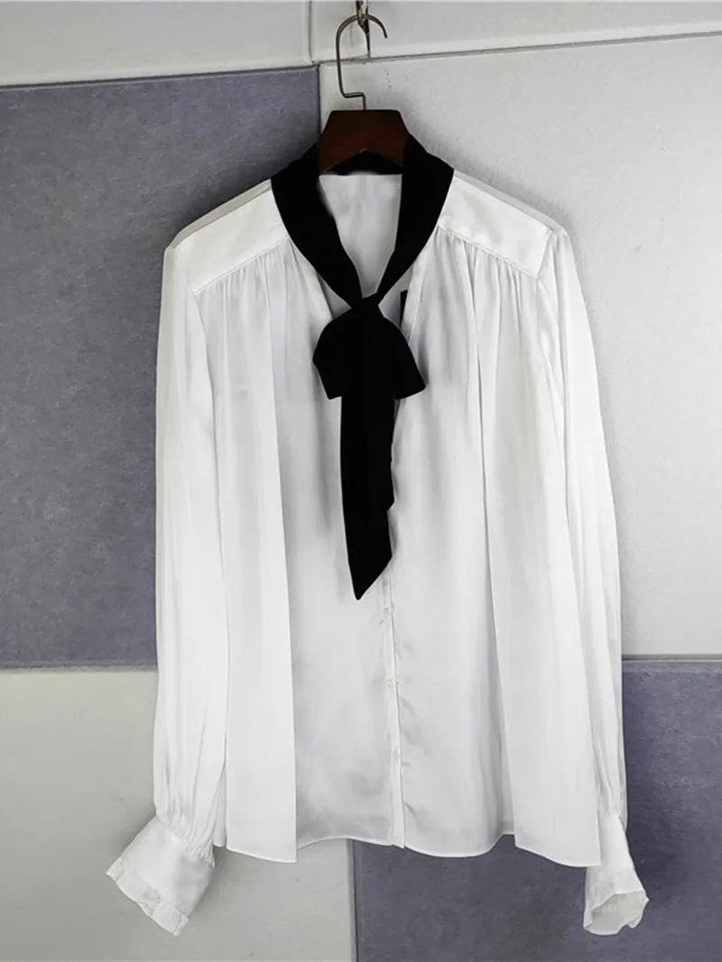 Camisa blanca manga con cuello V para mujer, blusa con cinta negra para otoño 2022 _ - AliExpress Mobile